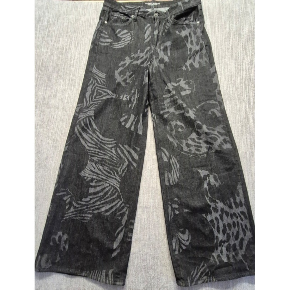 Chico's women's black print high rise wide leg gray animal print jeans sz. 14